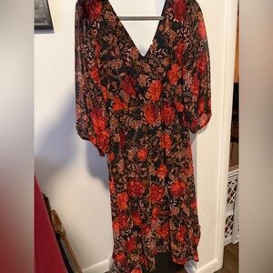 Floral V-Neck Dress - Black and Red